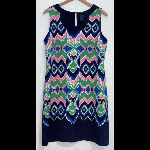 Gabby Skye Geometric Print Sheath Dress Size 12 Green Blue Pink - Picture 3 of 10